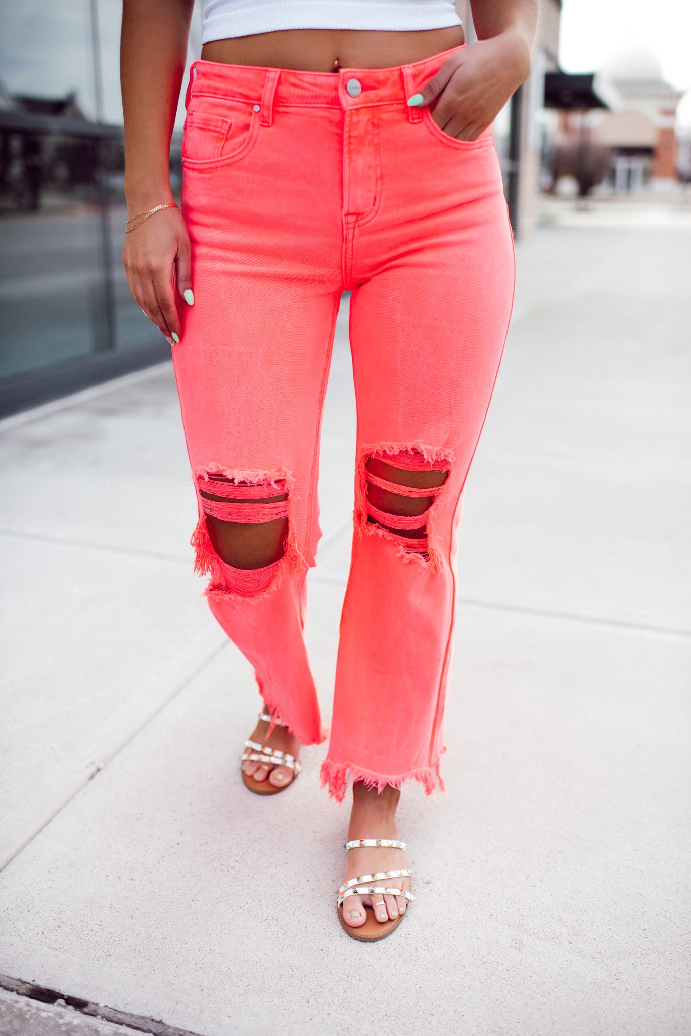 Risen Coral Crush High Rise Distressed Straight Jeans (Neon Coral Pink)