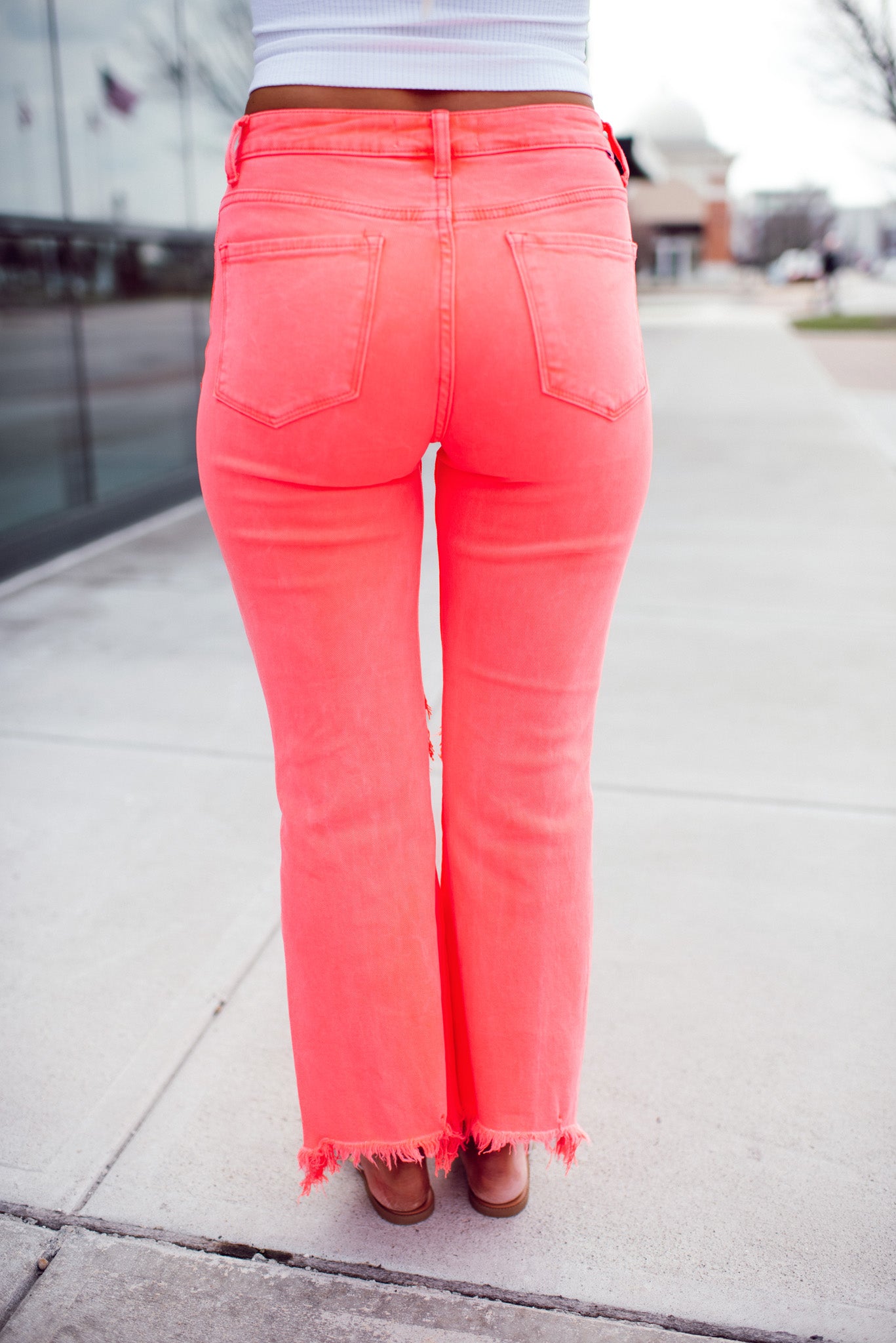 Risen Coral Crush High Rise Distressed Straight Jeans (Neon Coral Pink)