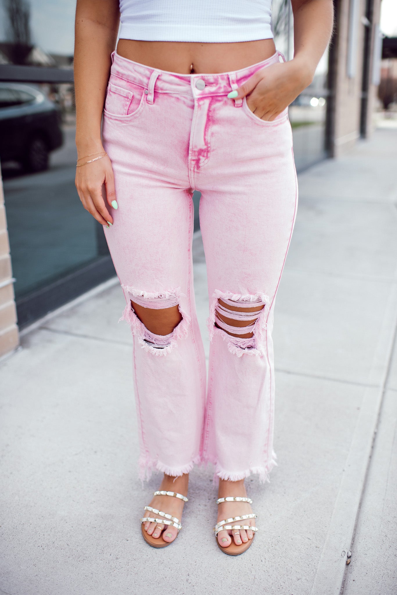 Risen Sweet Pink High Rise Distressed Straight Jeans (Acid Pink)