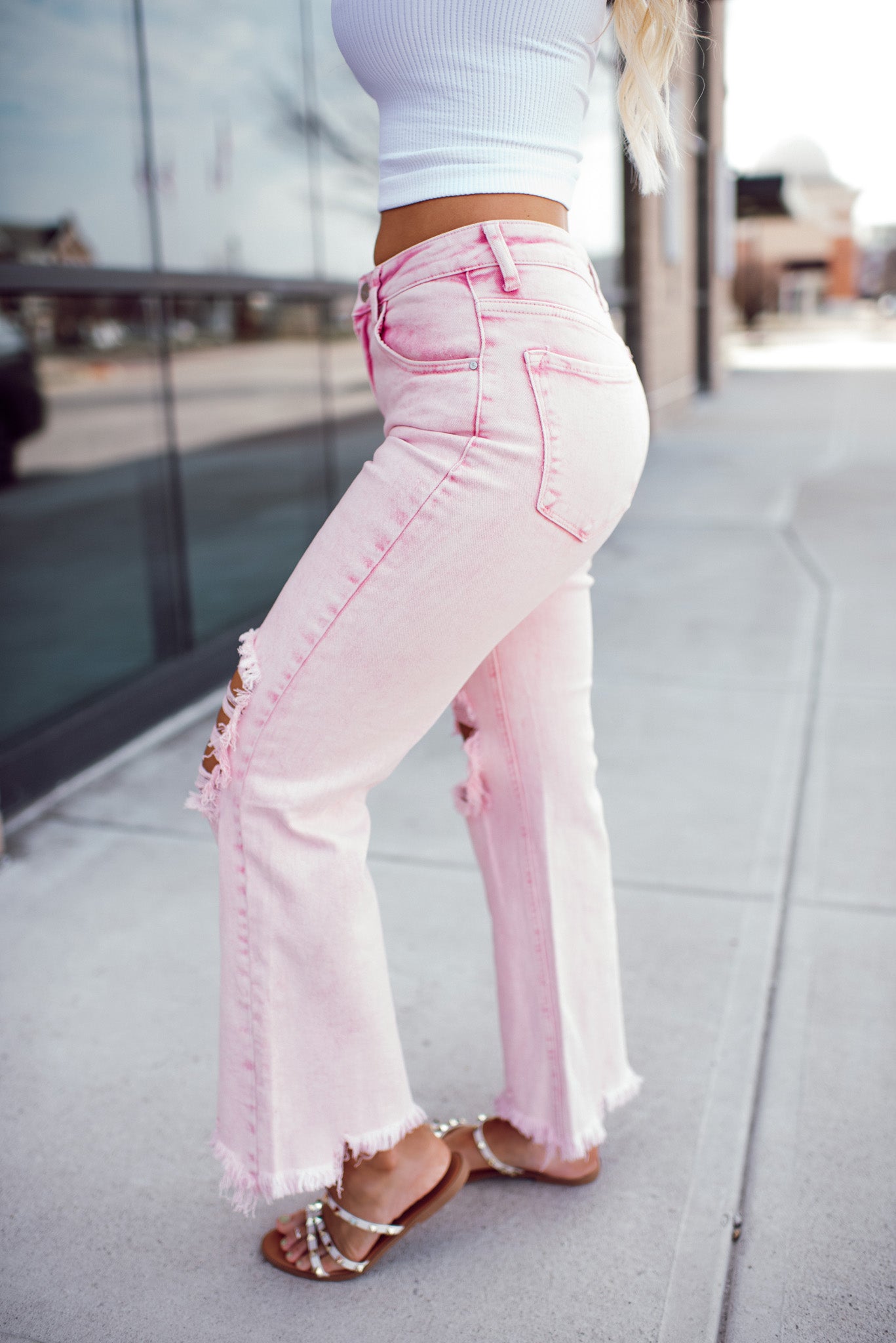 Risen Sweet Pink High Rise Distressed Straight Jeans (Acid Pink)