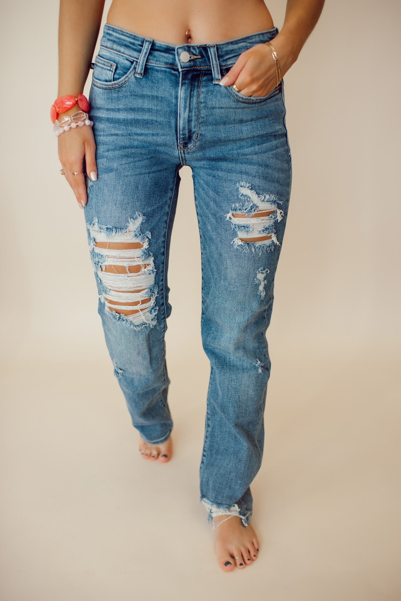 Judy Blue LuAnn Destroyed Straight Jeans (Medium Wash)