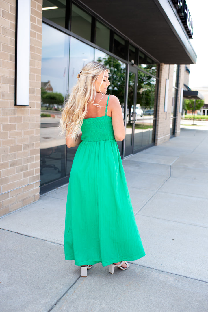 Pom Pom Smocked Maxi Dress (Green)