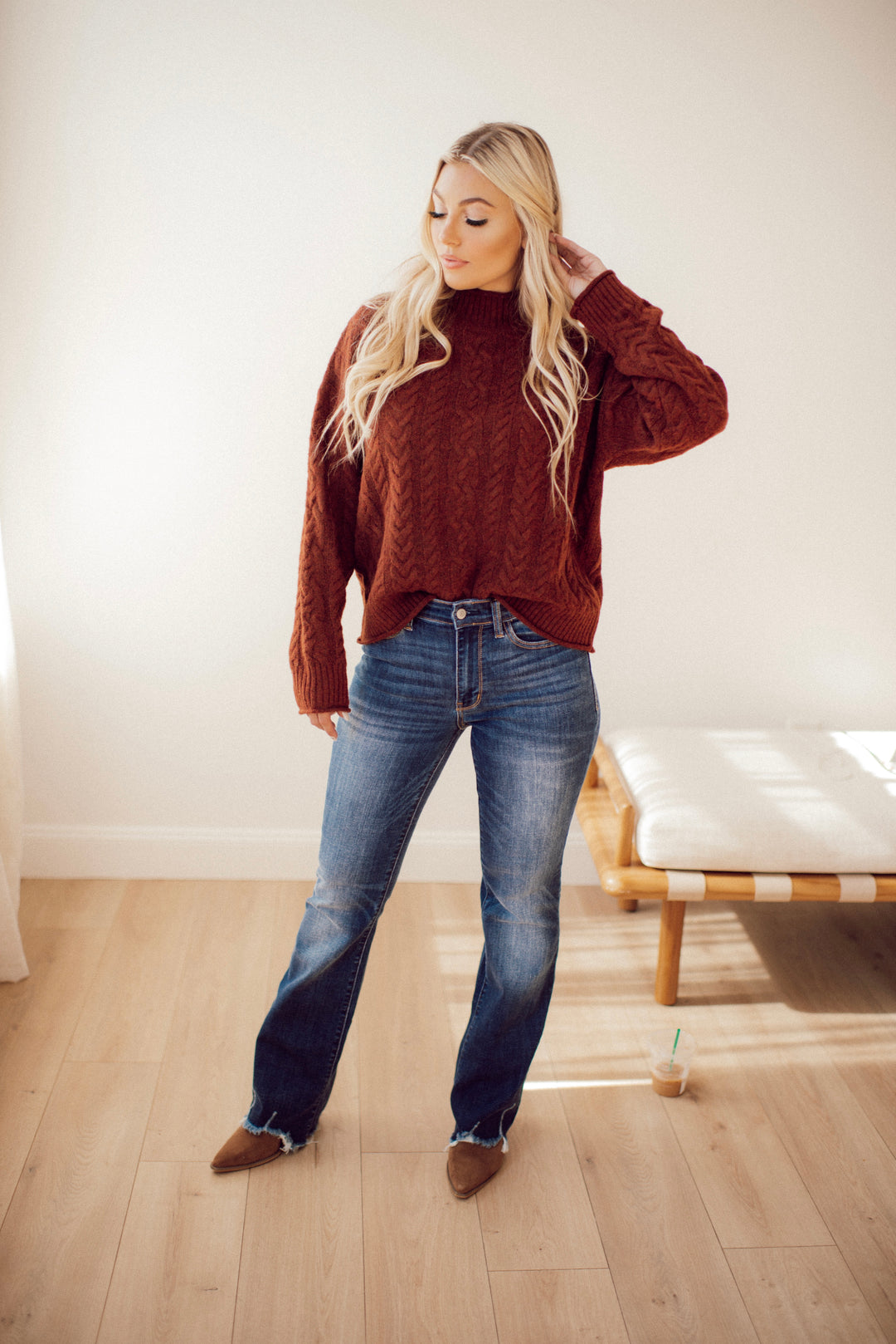 Cabin Cozy Cable Knit Mock Neck Sweater (Brown)