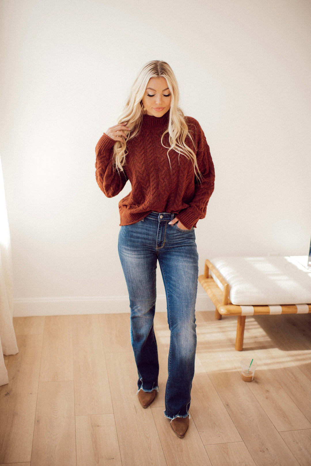 Cabin Cozy Cable Knit Mock Neck Sweater (Brown)