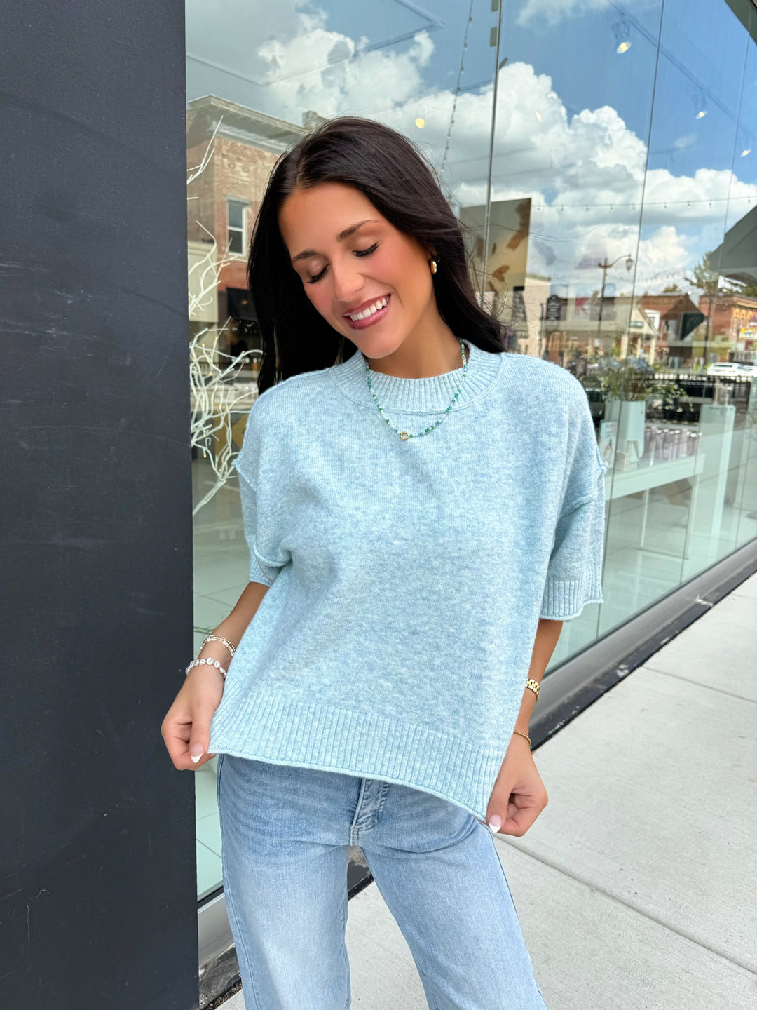 Open Sky Mock Neck Sweater Top (Sky)