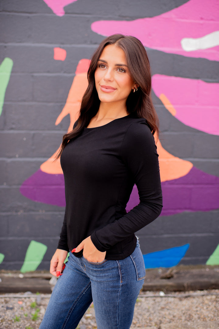 Layered Comfort Fitted Long Sleeve Top (Black)