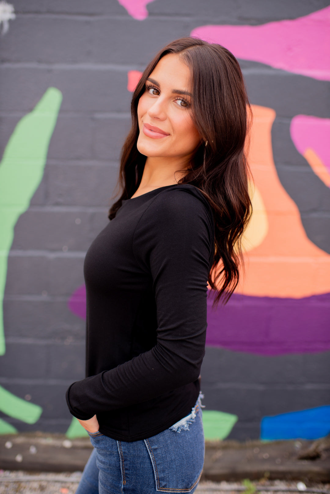 Layered Comfort Fitted Long Sleeve Top (Black)