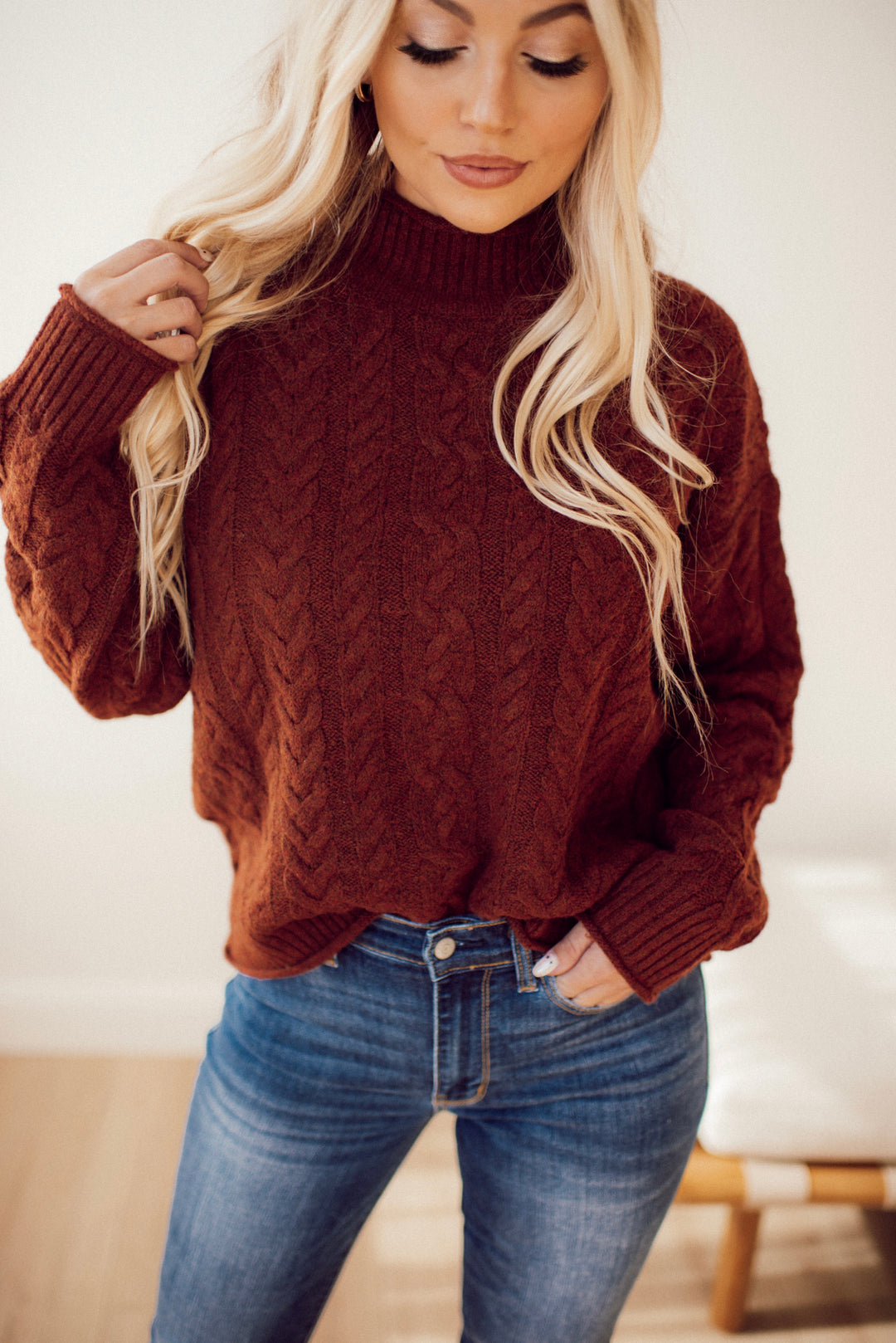 Cabin Cozy Cable Knit Mock Neck Sweater (Brown)