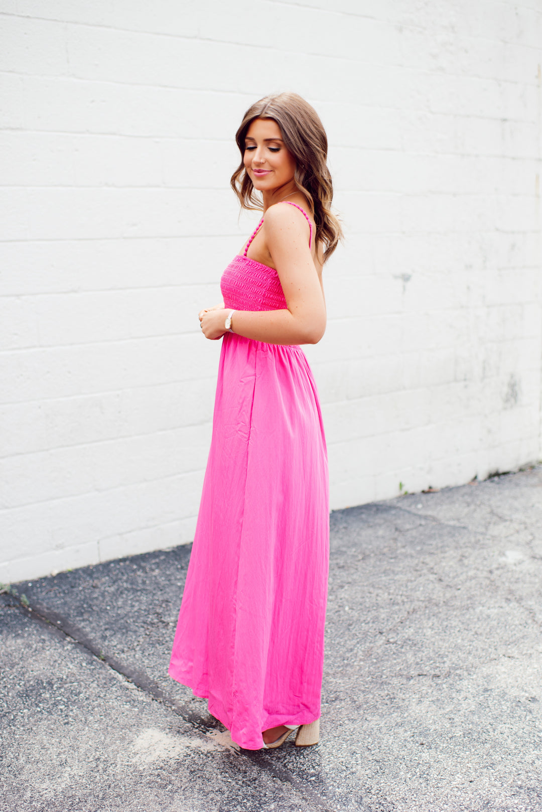 hot pink smocked dress Cabana Club Strapless Smocked Maxi Dress (Hot Pink) L 10/12