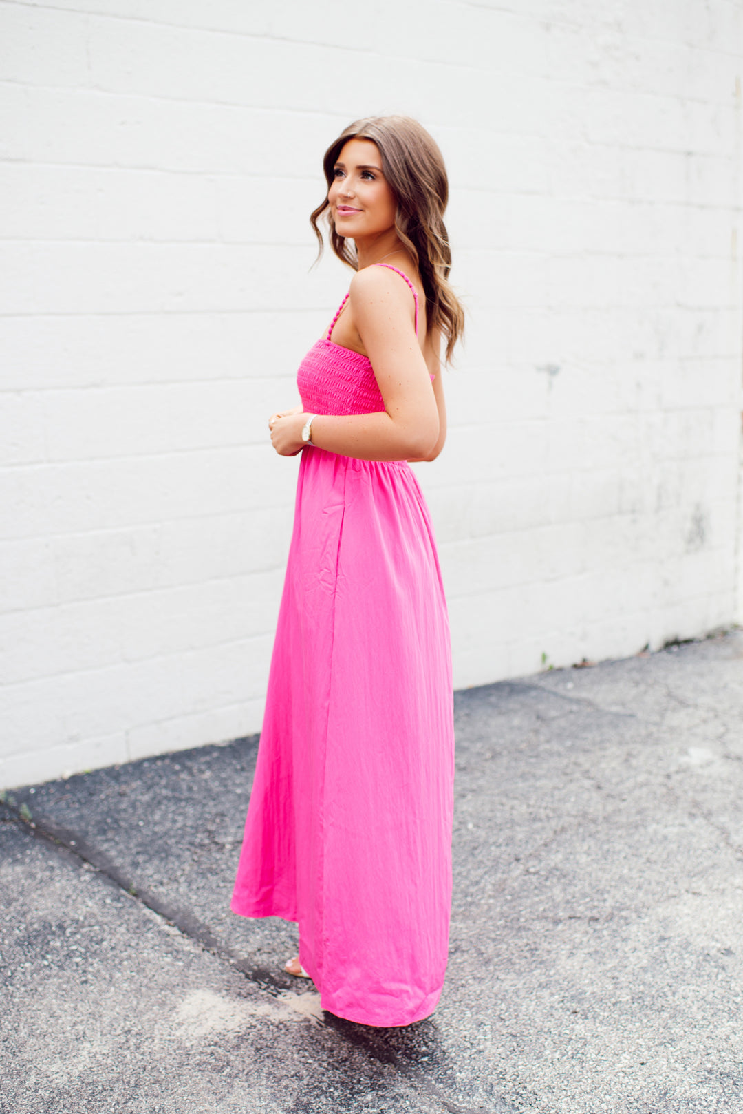Pom Pom Smocked Maxi Dress (Hot Pink) Medium