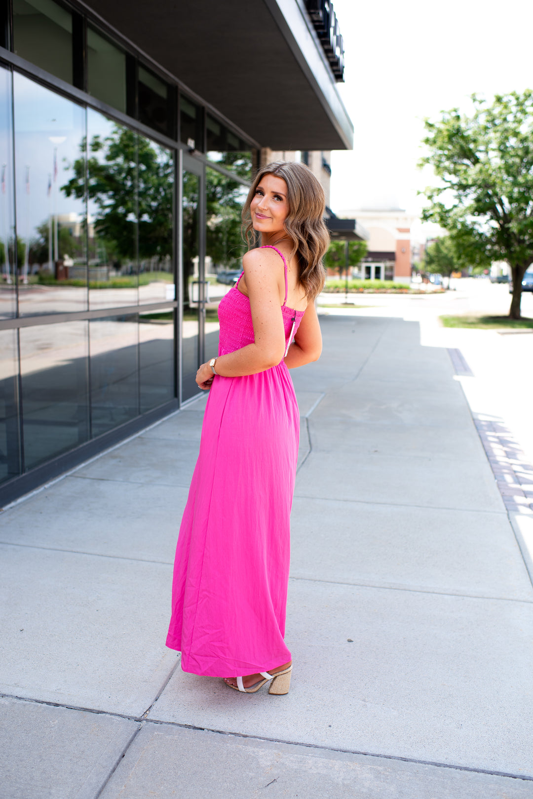 Pom Pom Smocked Maxi Dress (Hot Pink) Medium