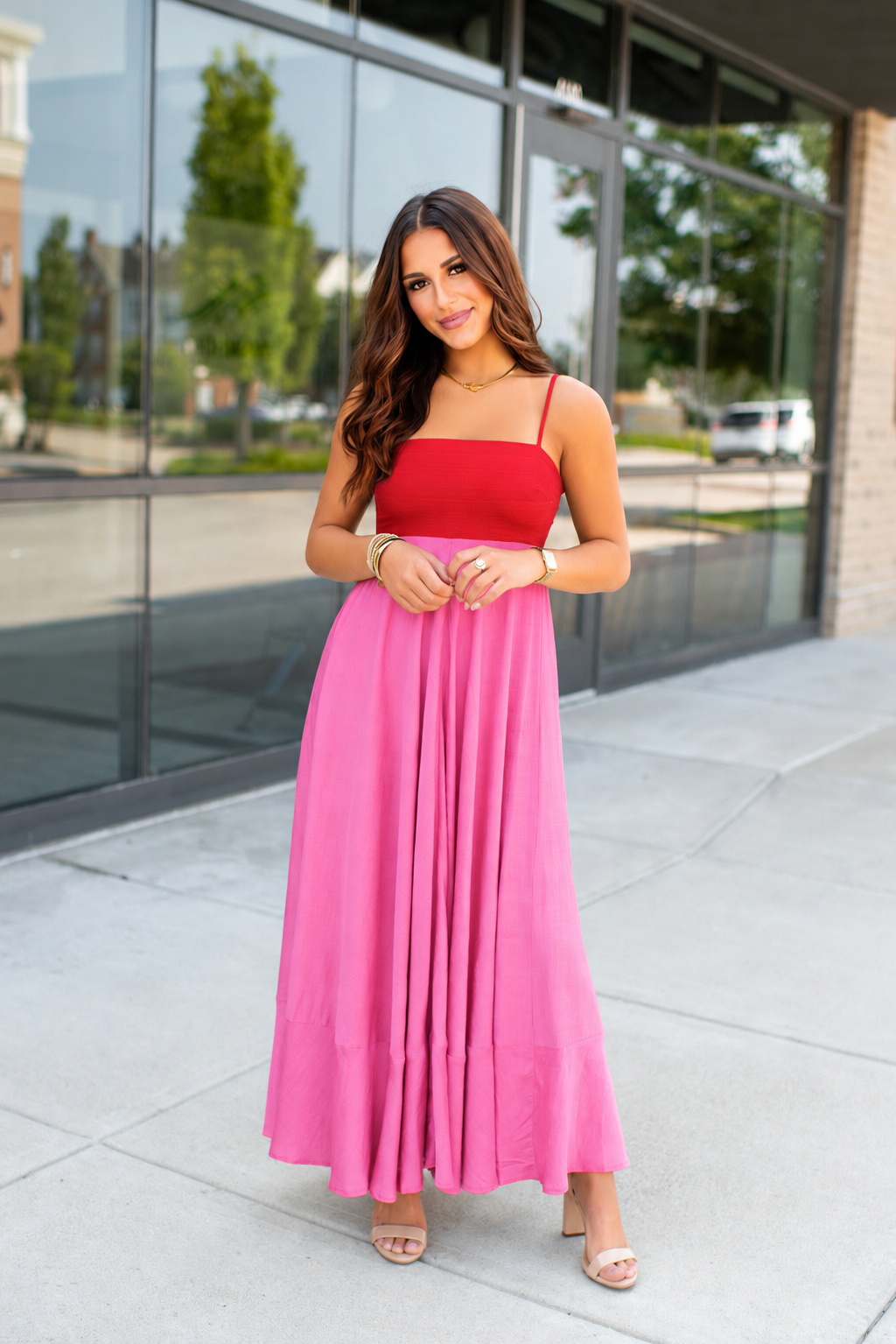 Preppy In Peacock Maxi Dress (Pink/Red) Small