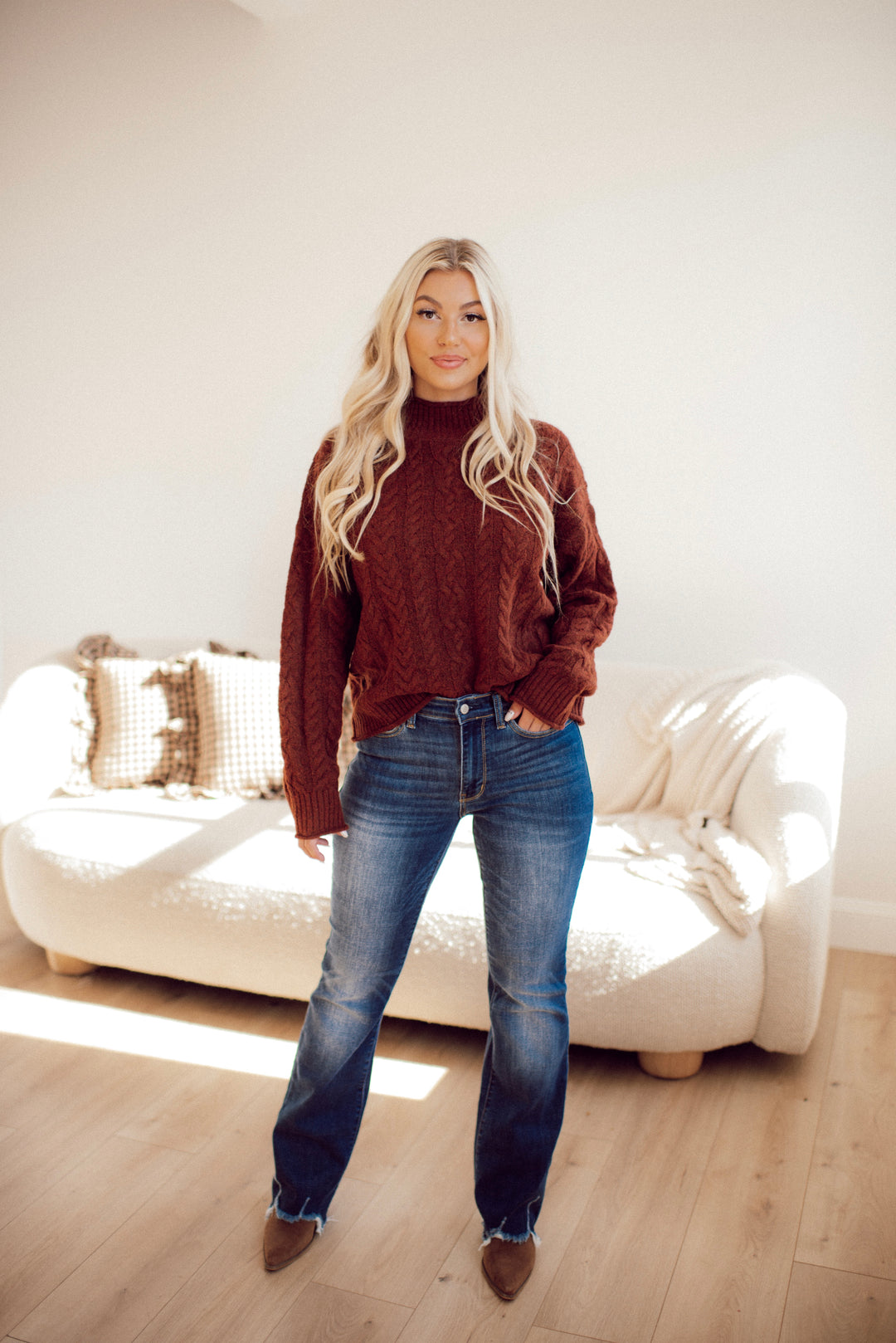 Cabin Cozy Cable Knit Mock Neck Sweater (Brown)