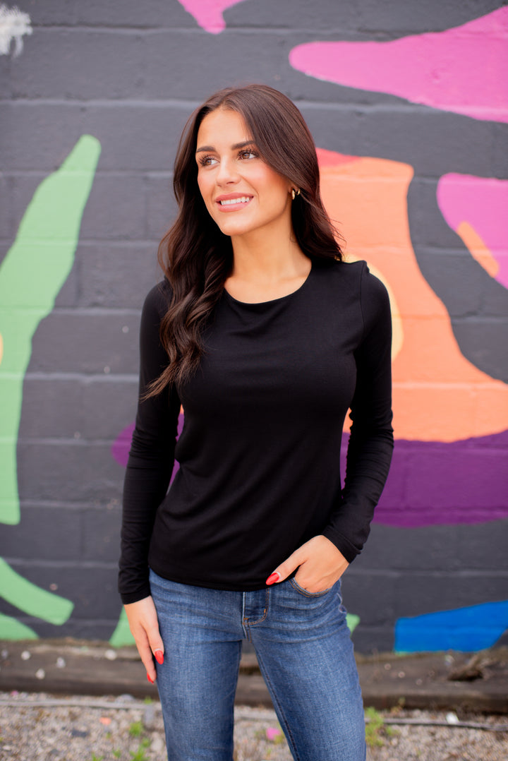 Layered Comfort Fitted Long Sleeve Top (Black)