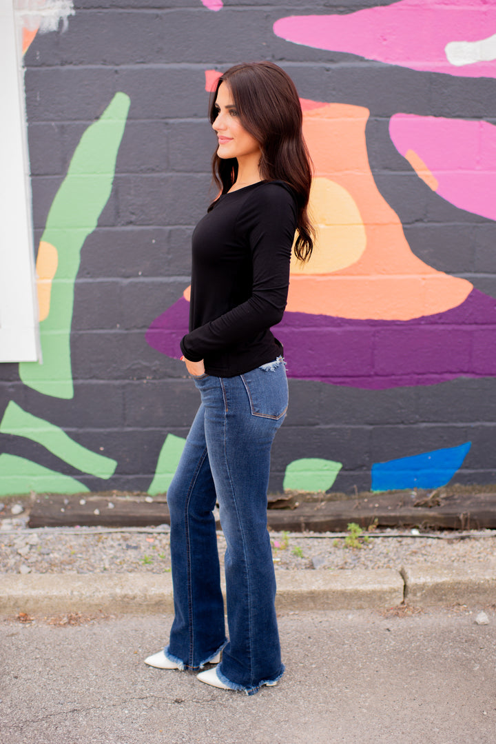 Layered Comfort Fitted Long Sleeve Top (Black)