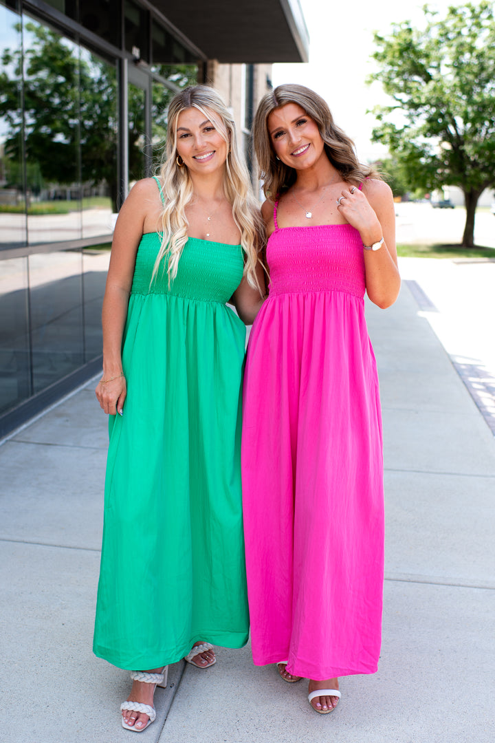Pom Pom Smocked Maxi Dress (Green)