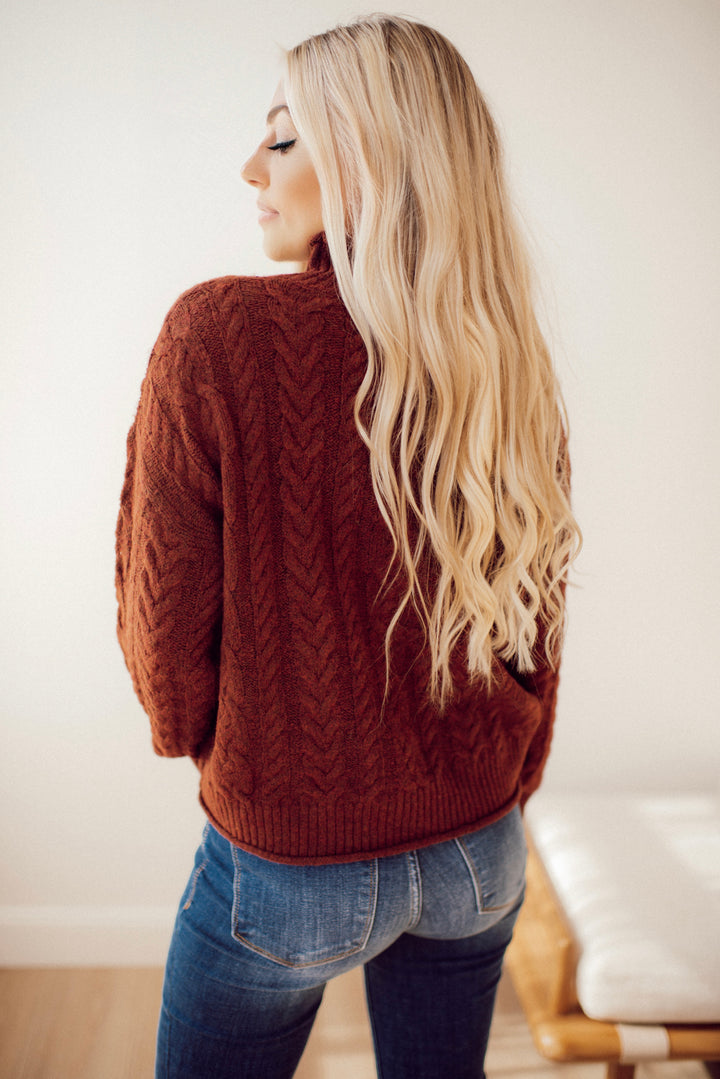 Cabin Cozy Cable Knit Mock Neck Sweater (Brown)