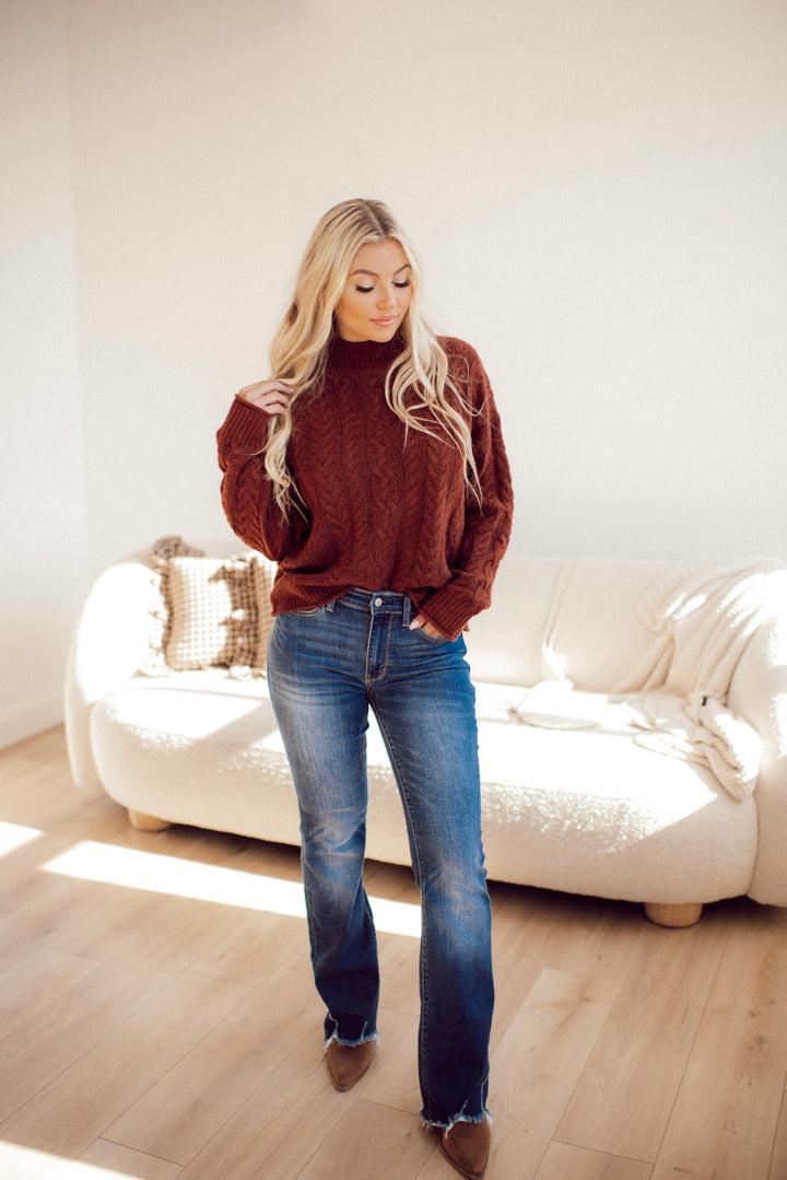 Cabin Cozy Cable Knit Mock Neck Sweater (Brown)