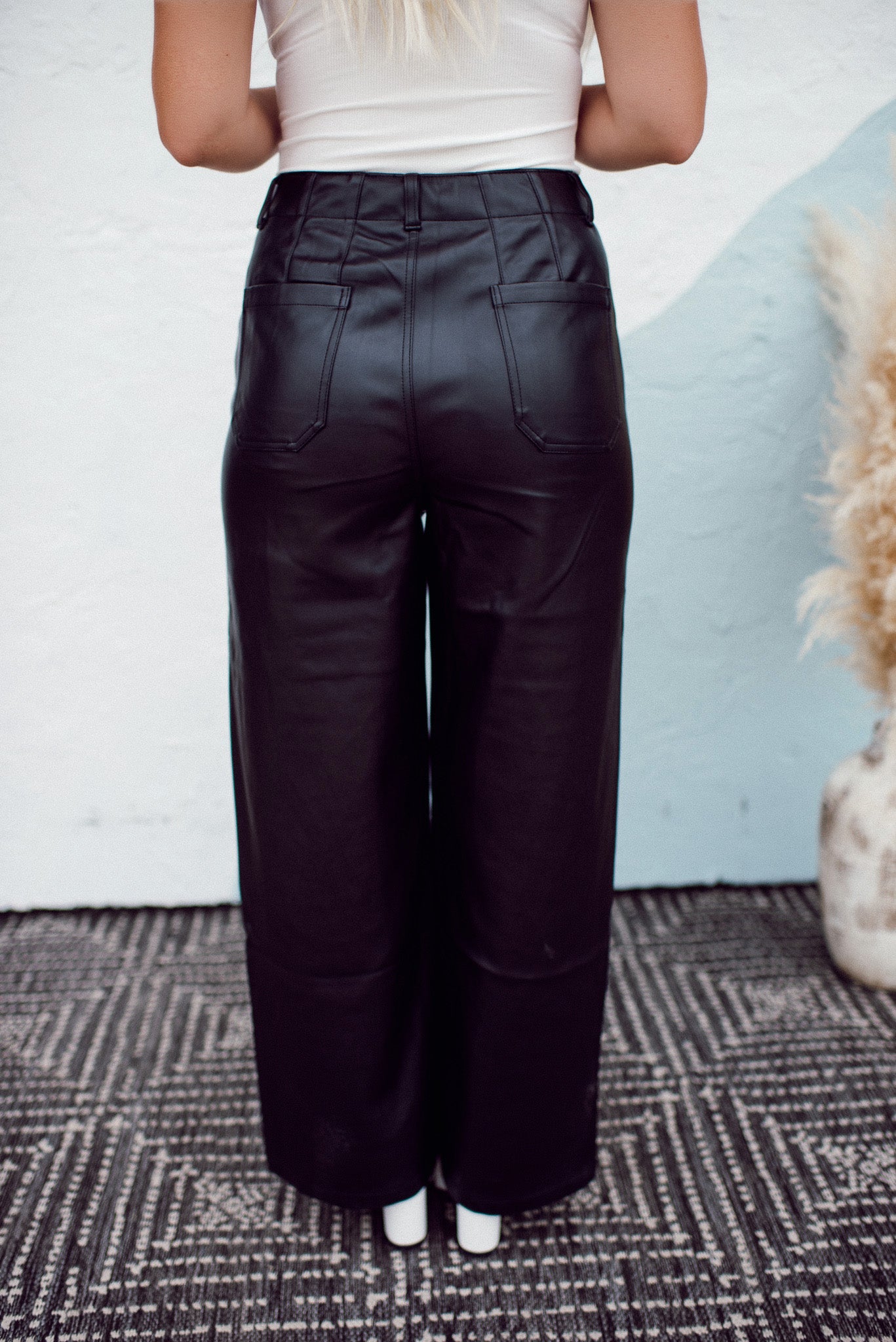 Patch Pocket Faux Leather Pants (Black)