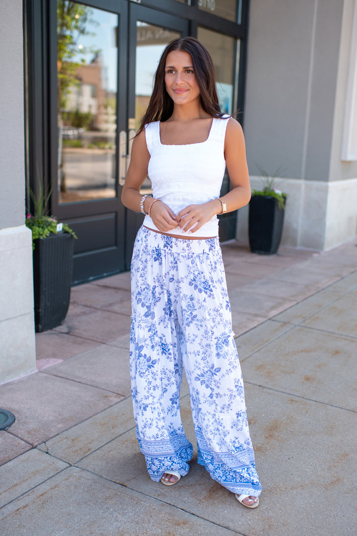 Santorini Wide Leg Pants (Ivory/Blue)