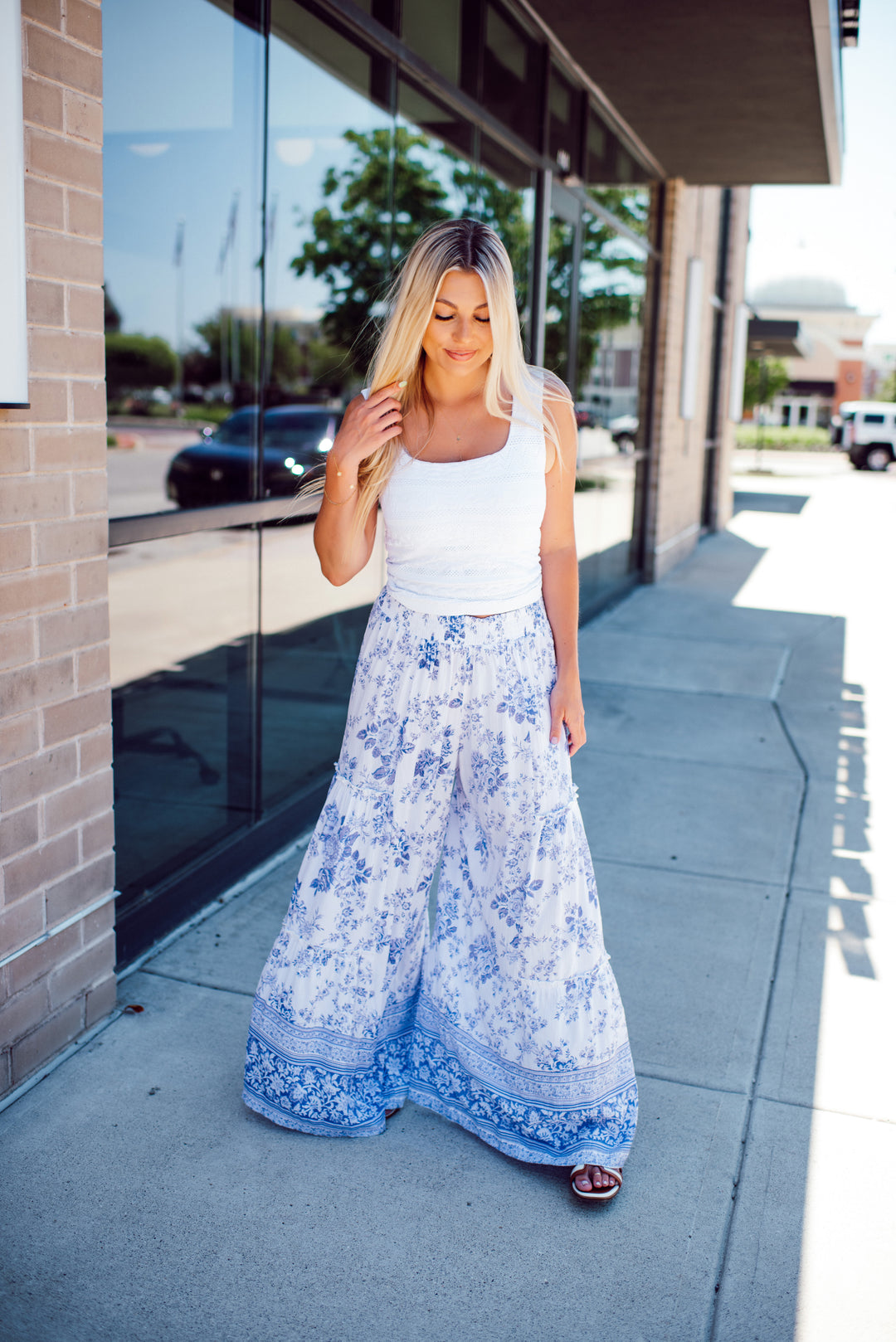 Santorini Wide Leg Pants (Ivory/Blue)