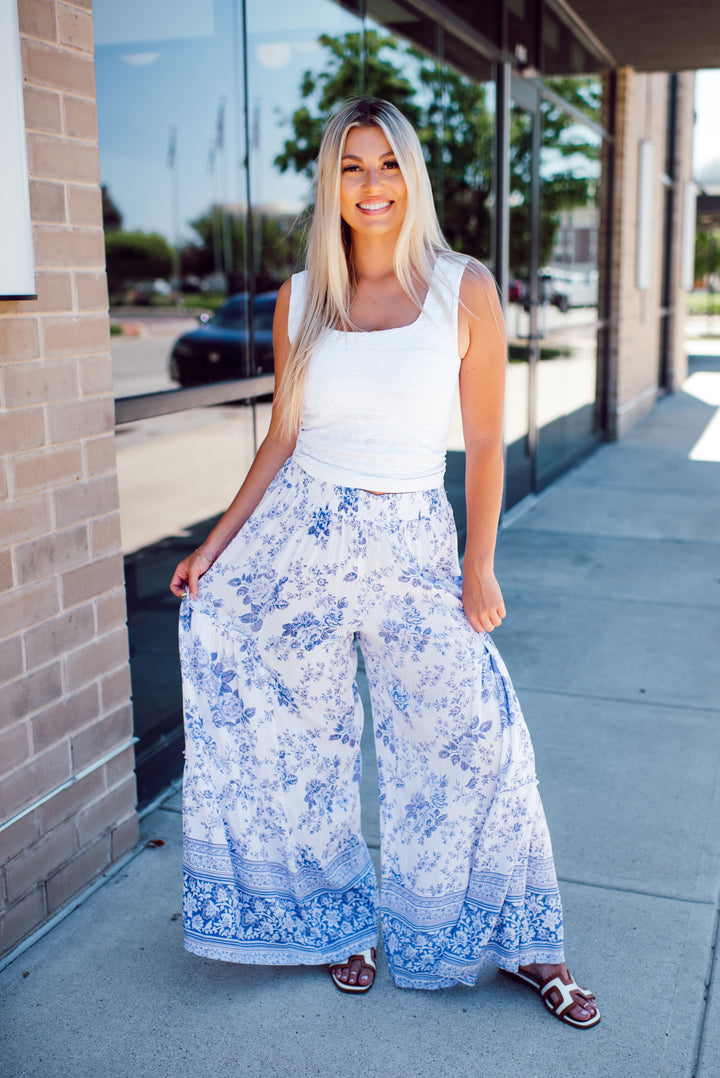 Santorini Wide Leg Pants (Ivory/Blue)