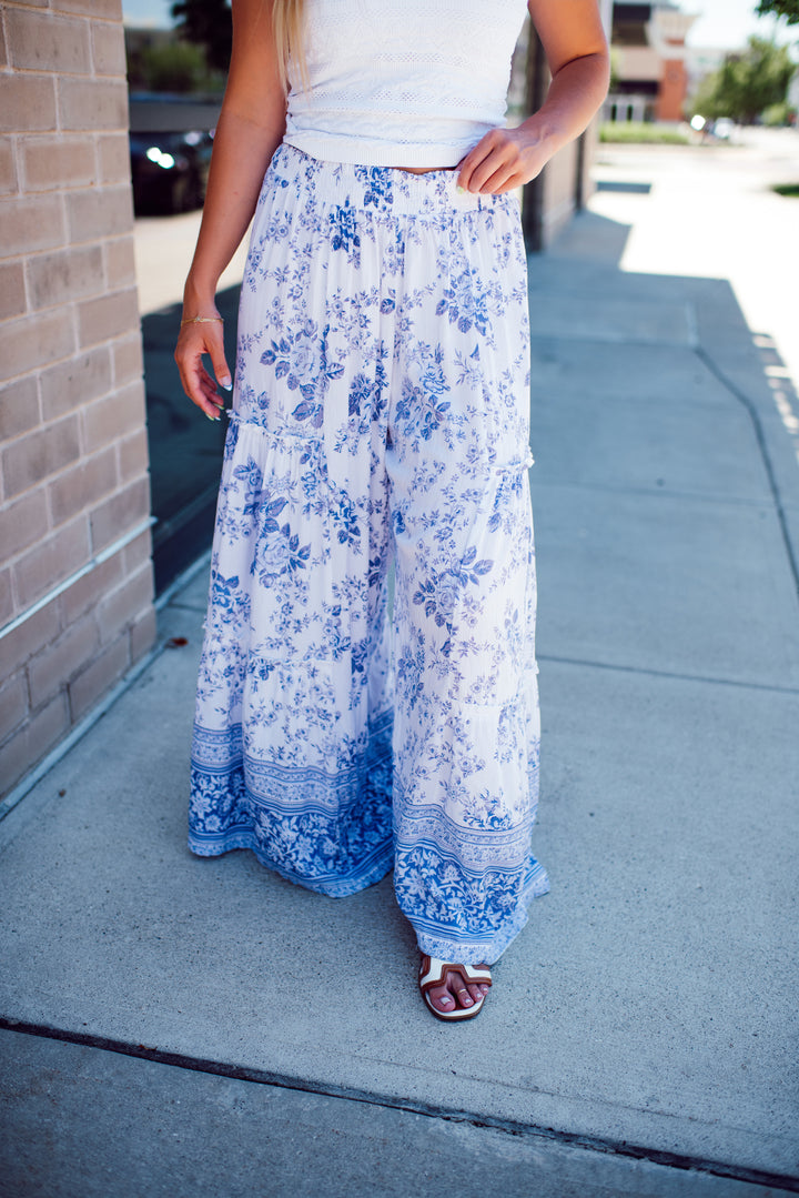 Santorini Wide Leg Pants (Ivory/Blue)