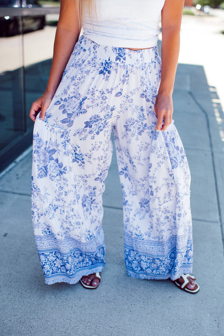 Santorini Wide Leg Pants (Ivory/Blue)
