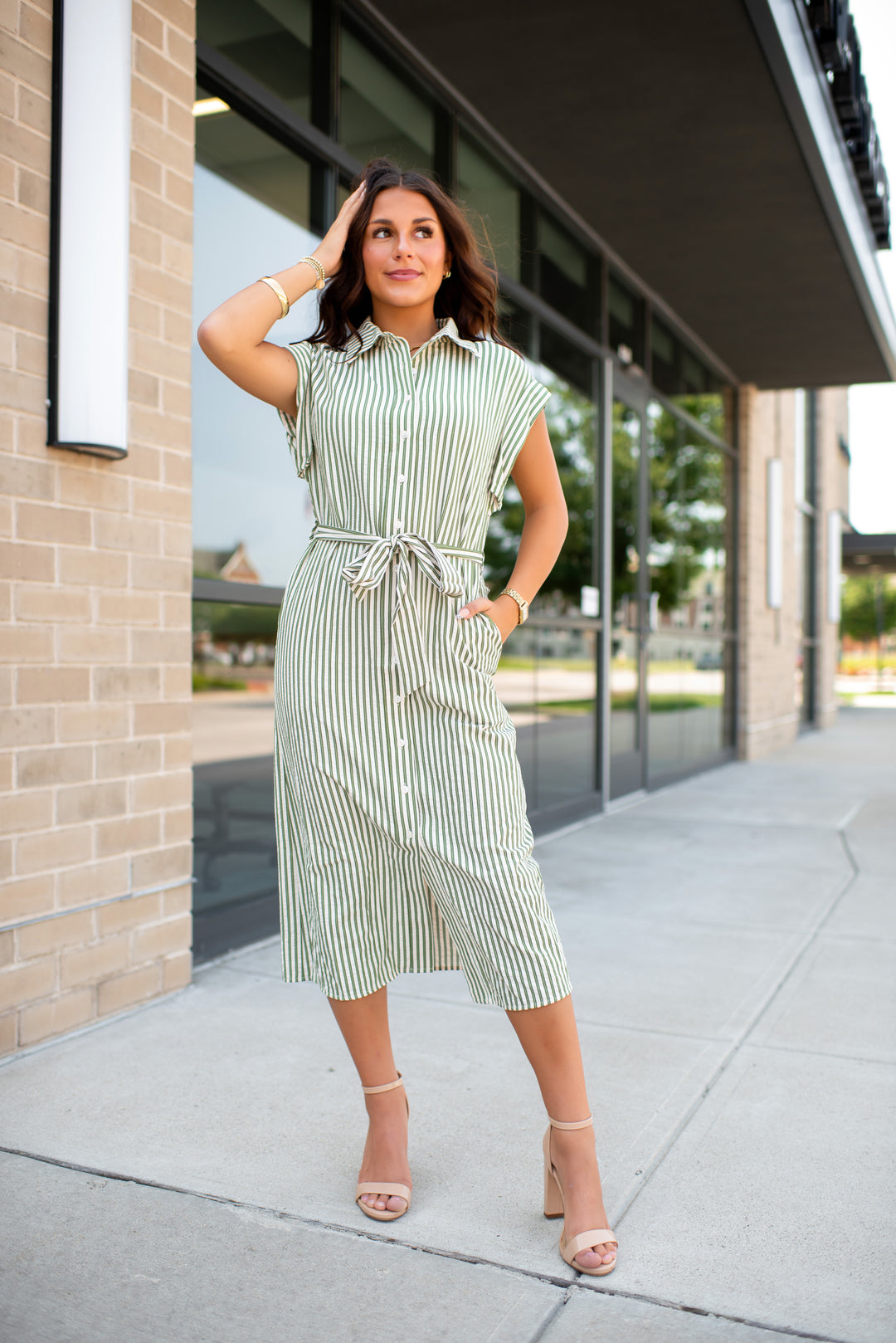 Eloise Striped Midi Dress (Olive)