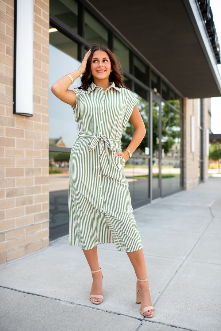 Eloise Striped Midi Dress (Olive)