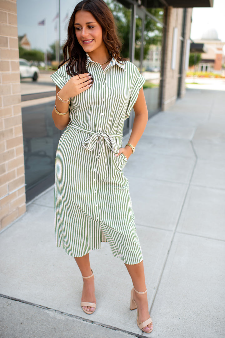Eloise Striped Midi Dress (Olive)