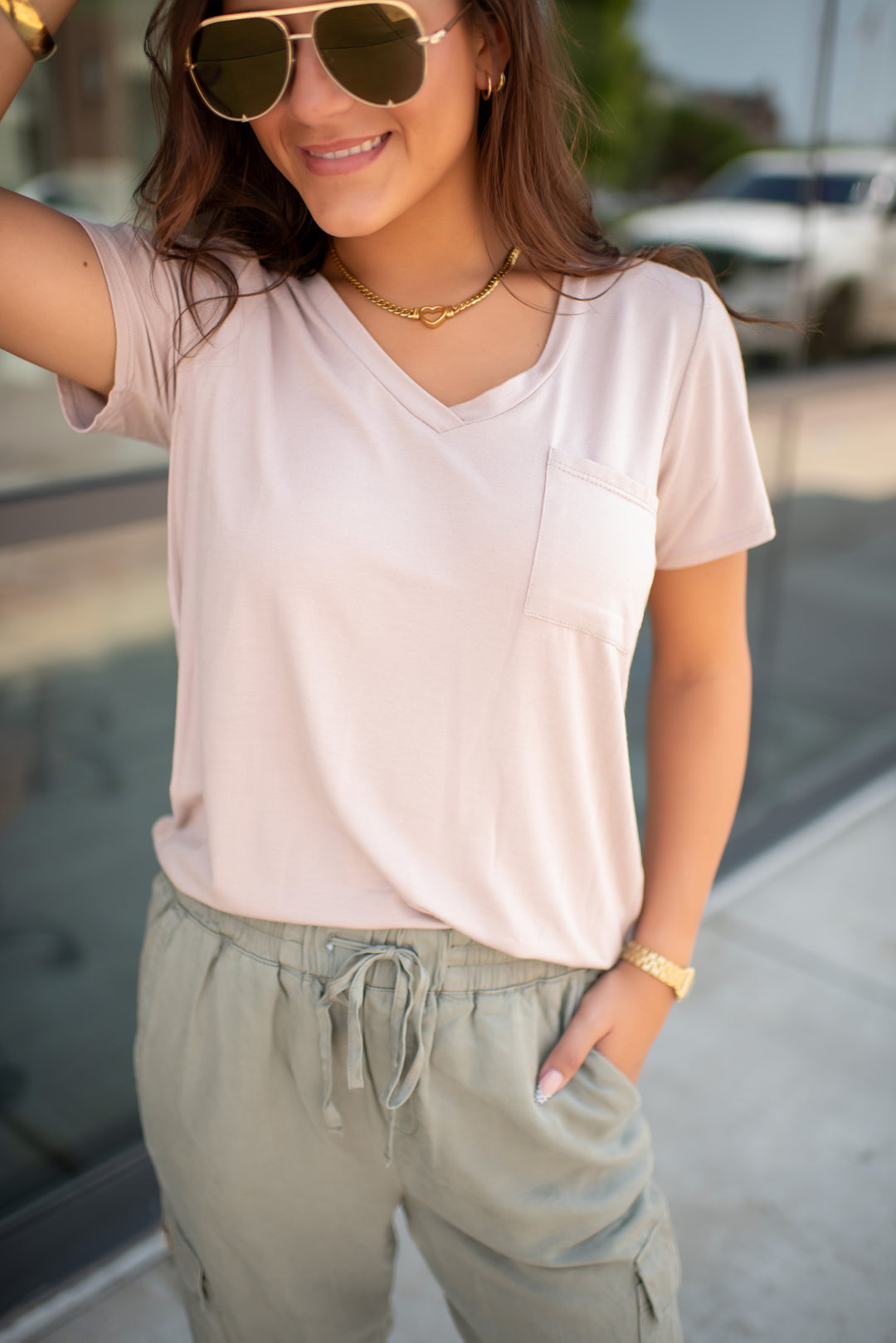 Desert Drift V-Neck Pocket Tee (Taupe)