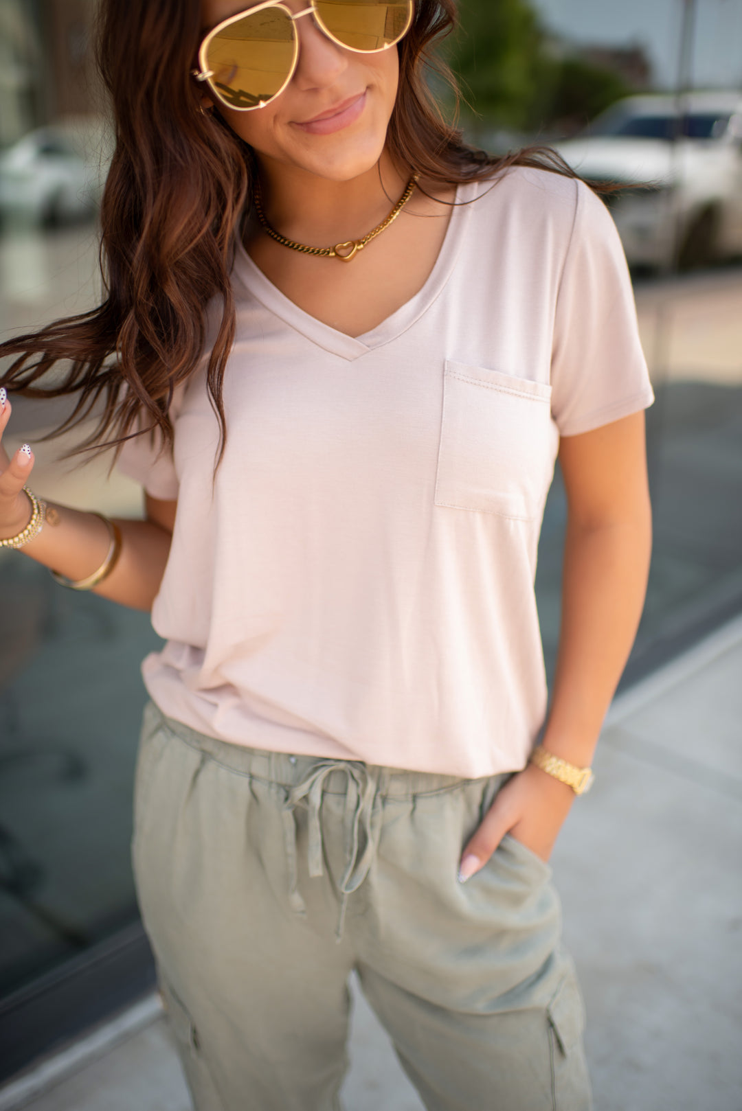 Desert Drift V-Neck Pocket Tee (Taupe)