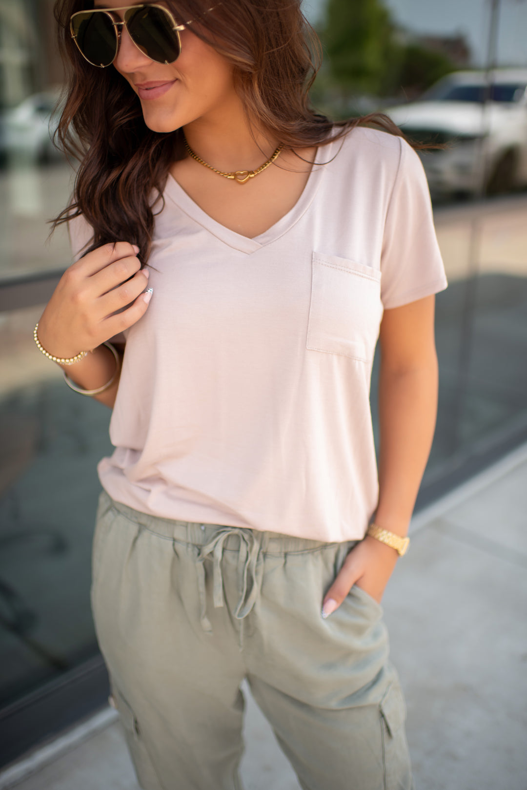 Desert Drift V-Neck Pocket Tee (Taupe)