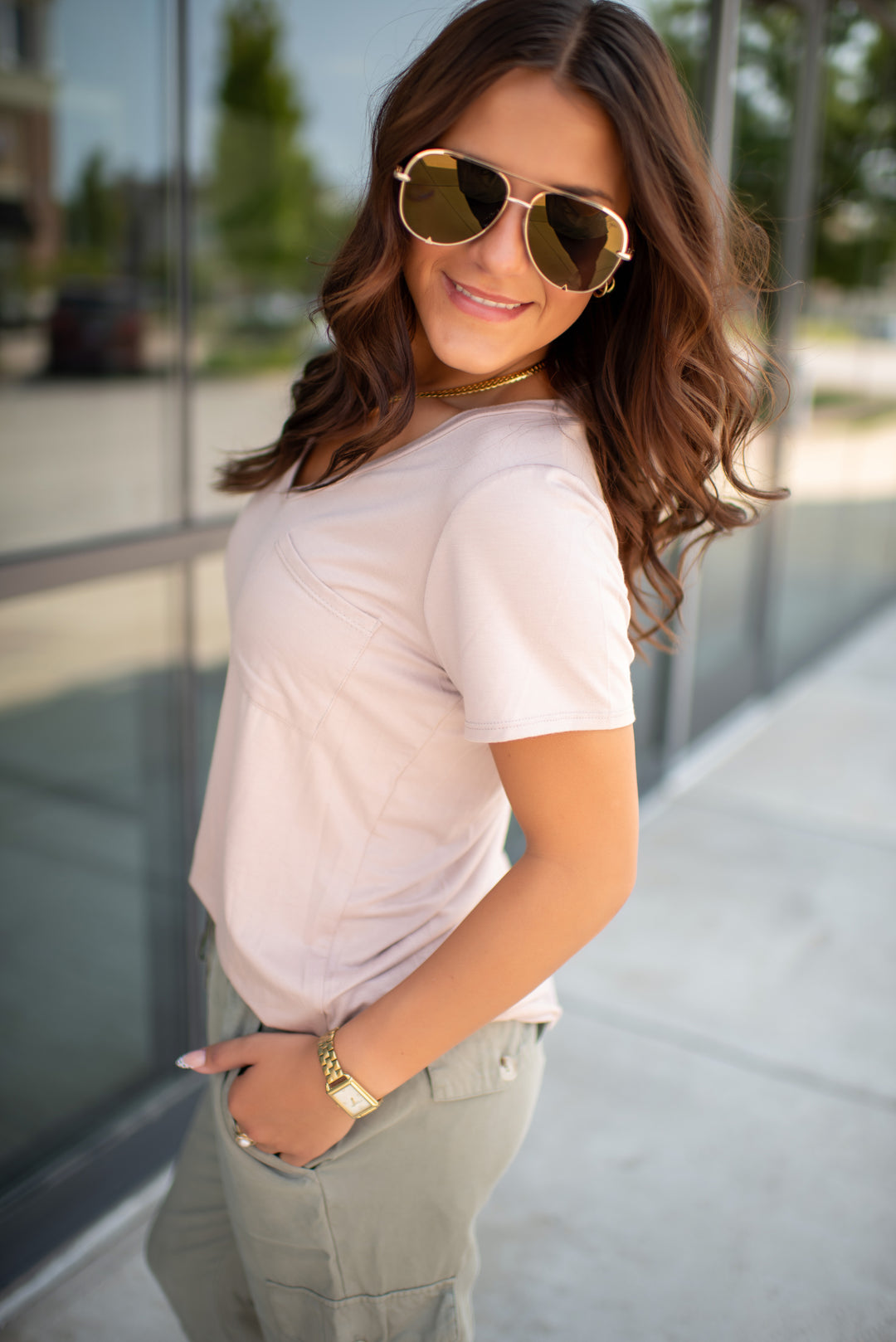 Desert Drift V-Neck Pocket Tee (Taupe)