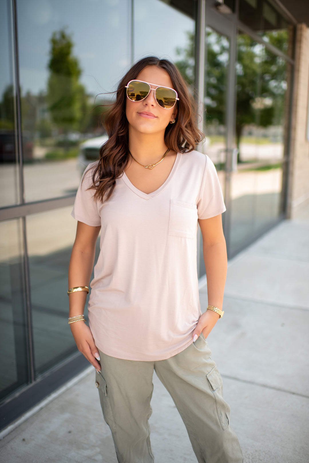 Desert Drift V-Neck Pocket Tee (Taupe)