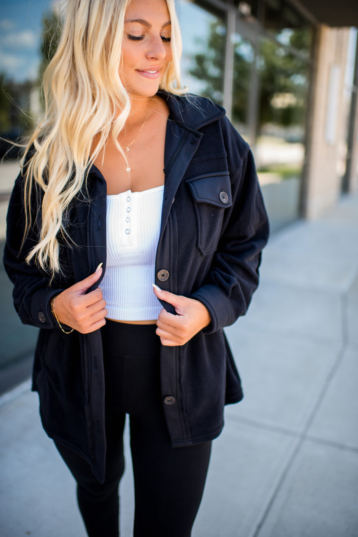 Hallie Fleece Shacket (Black)