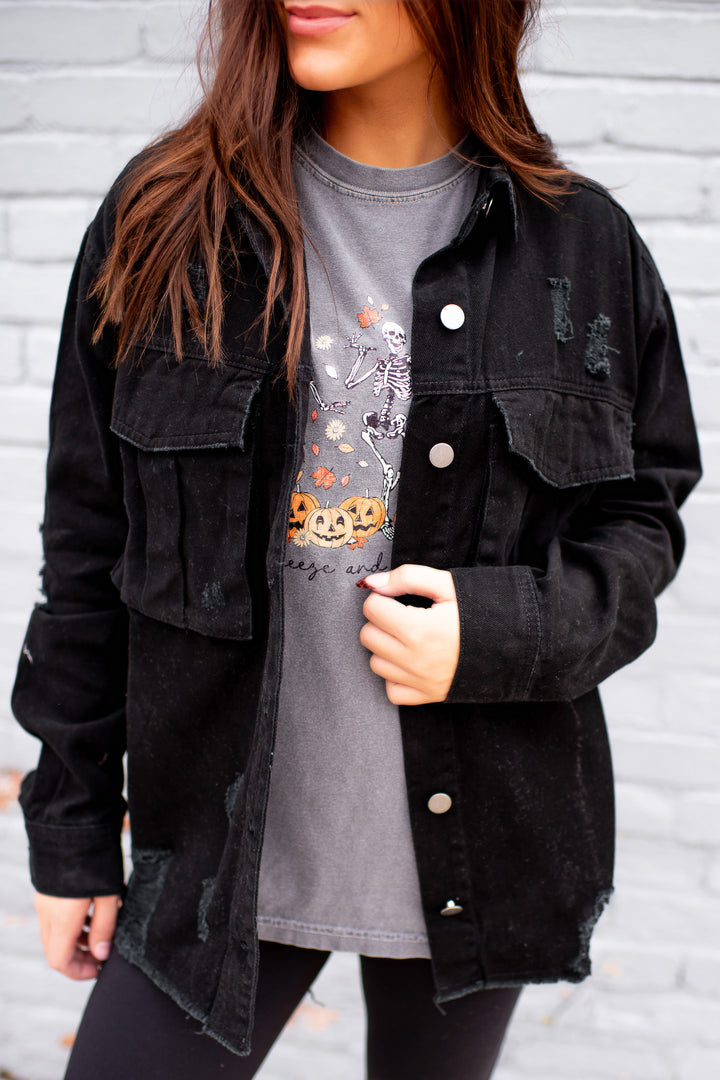 Sienna Distressed Denim Jacket (Black)