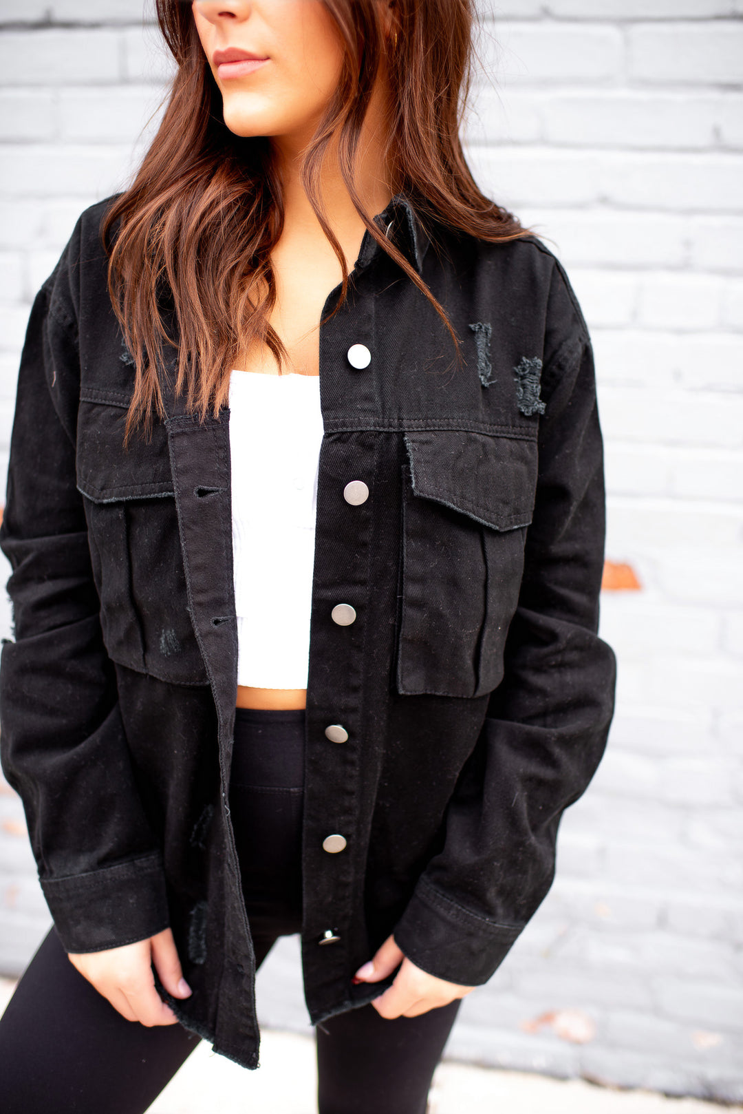 Sienna Distressed Denim Jacket (Black)