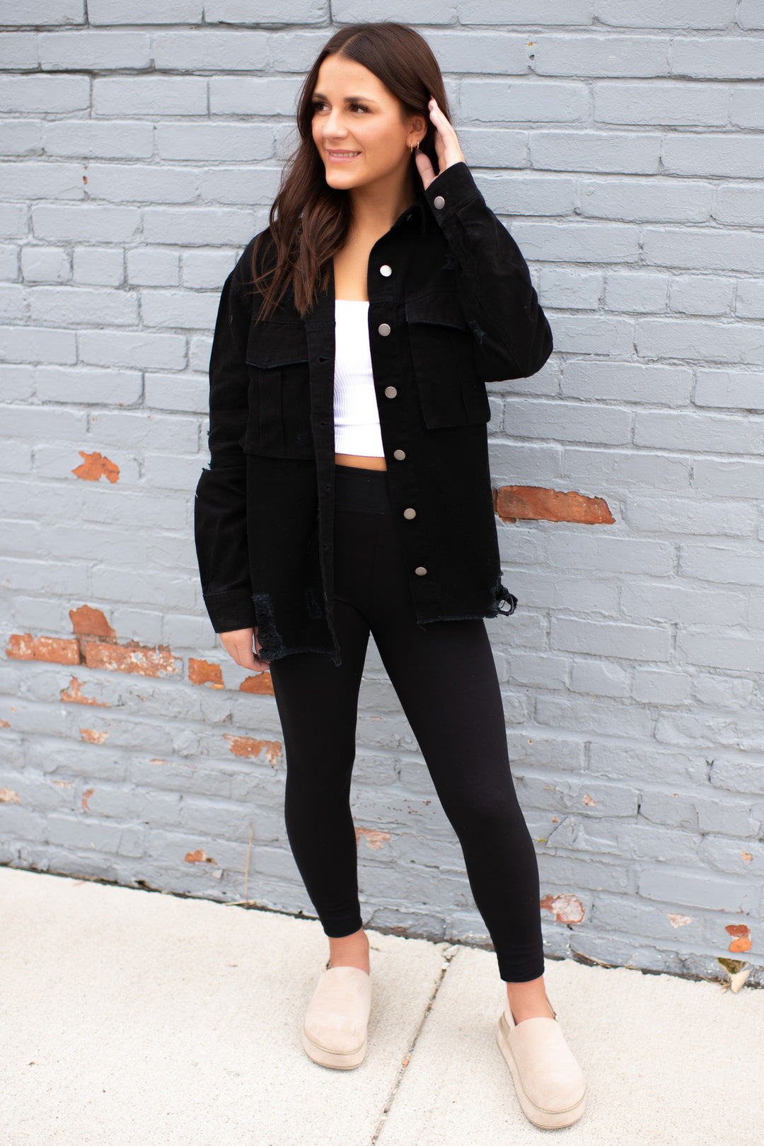 Sienna Distressed Denim Jacket (Black)