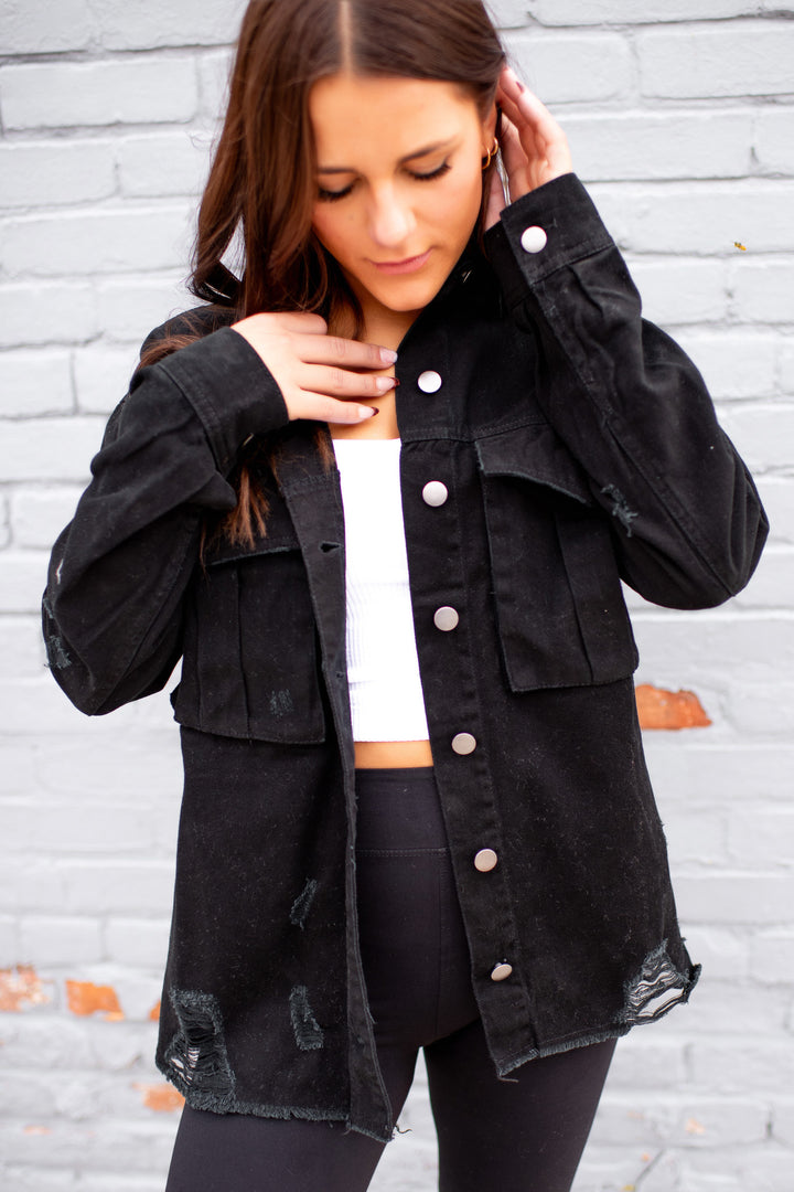 Sienna Distressed Denim Jacket (Black)