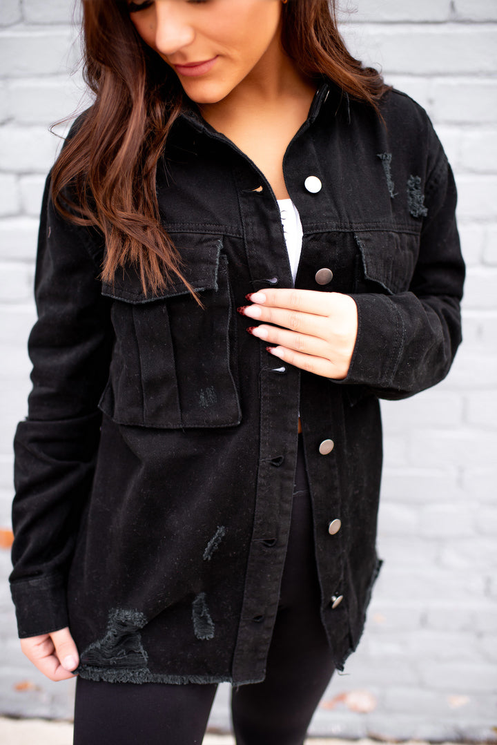 Sienna Distressed Denim Jacket (Black)