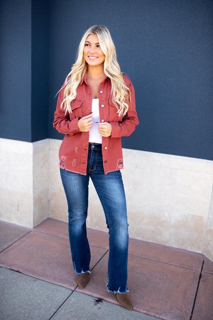 Sienna Distressed Denim Jacket (Dark Mauve)