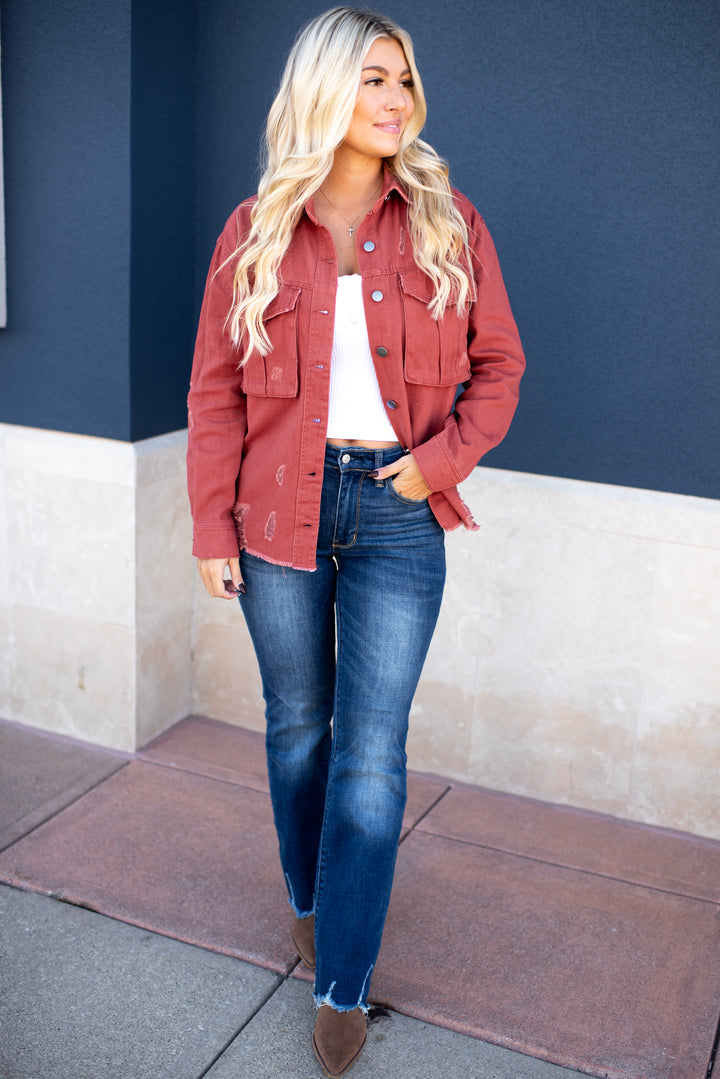 Sienna Distressed Denim Jacket (Dark Mauve)