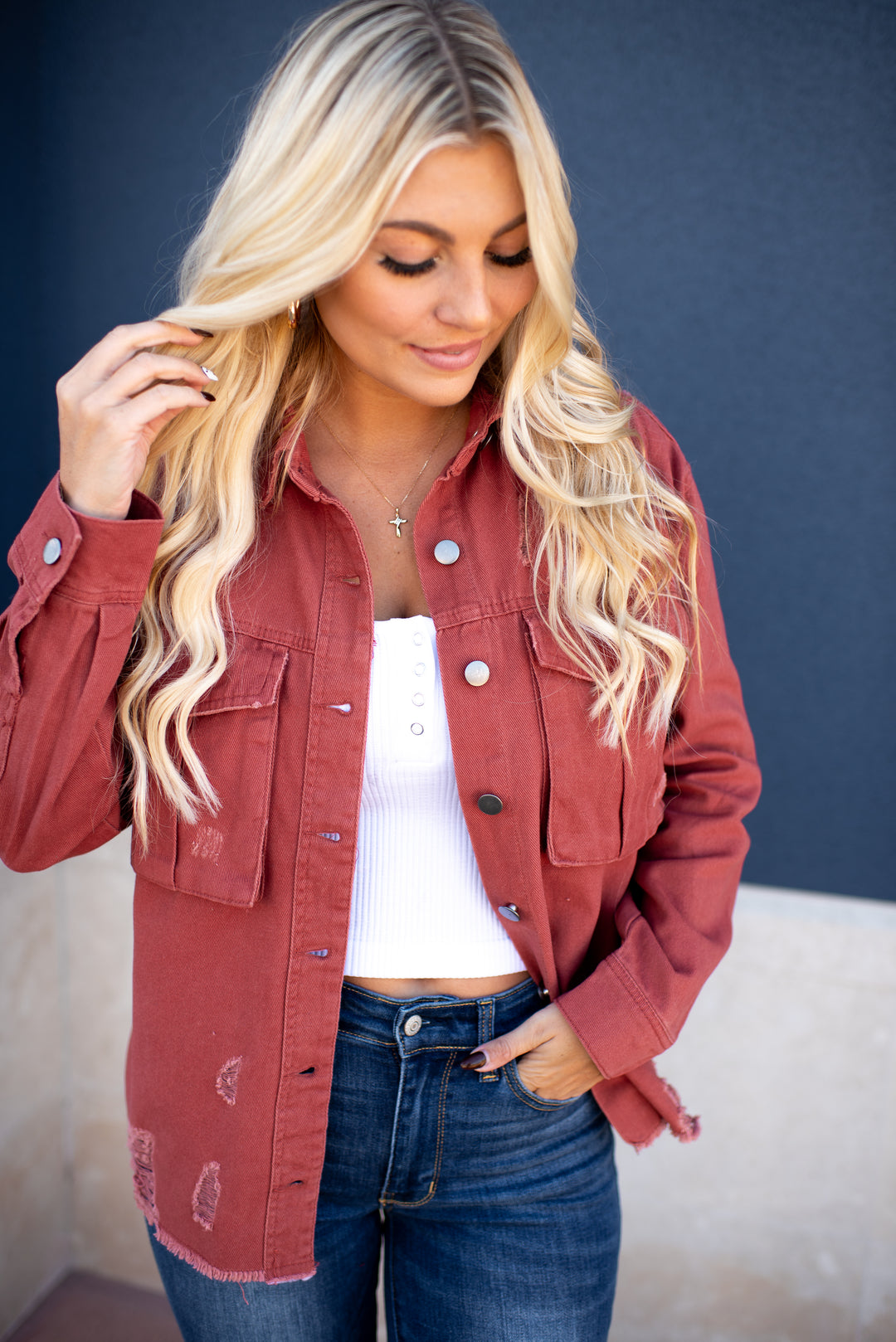 Sienna Distressed Denim Jacket (Dark Mauve)