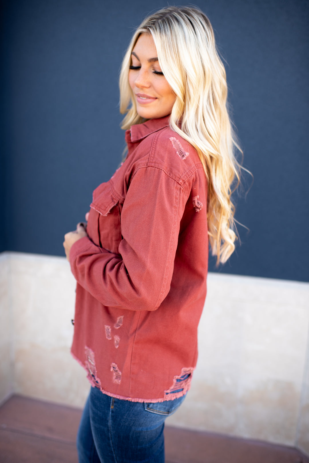 Sienna Distressed Denim Jacket (Dark Mauve)