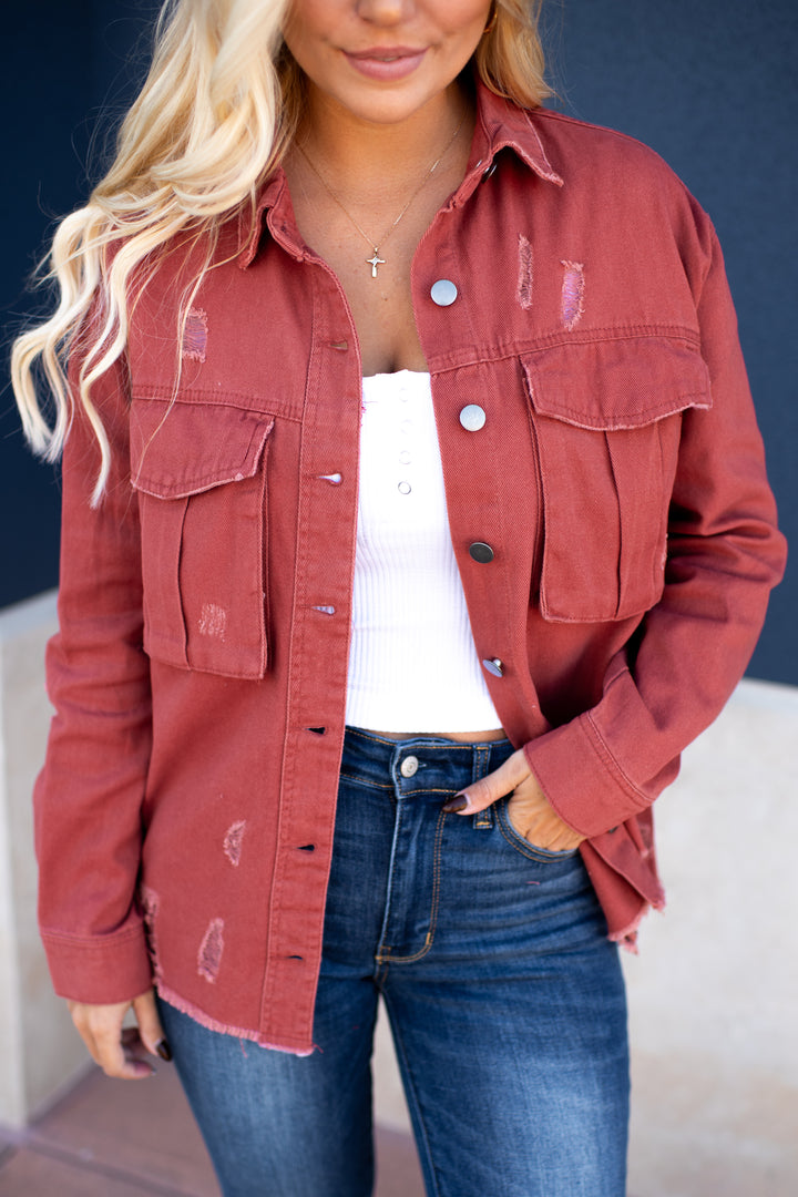 Sienna Distressed Denim Jacket (Dark Mauve)
