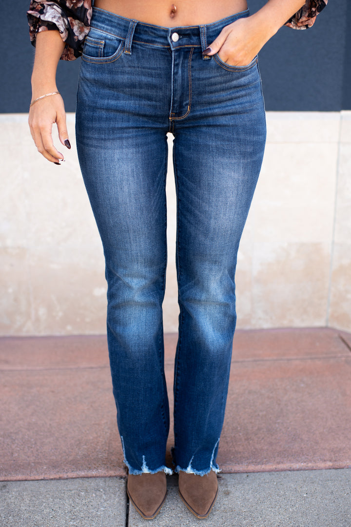 Judy Blue Charity Mid Rise Distressed Hem Bootcut Jeans (Dark Wash)