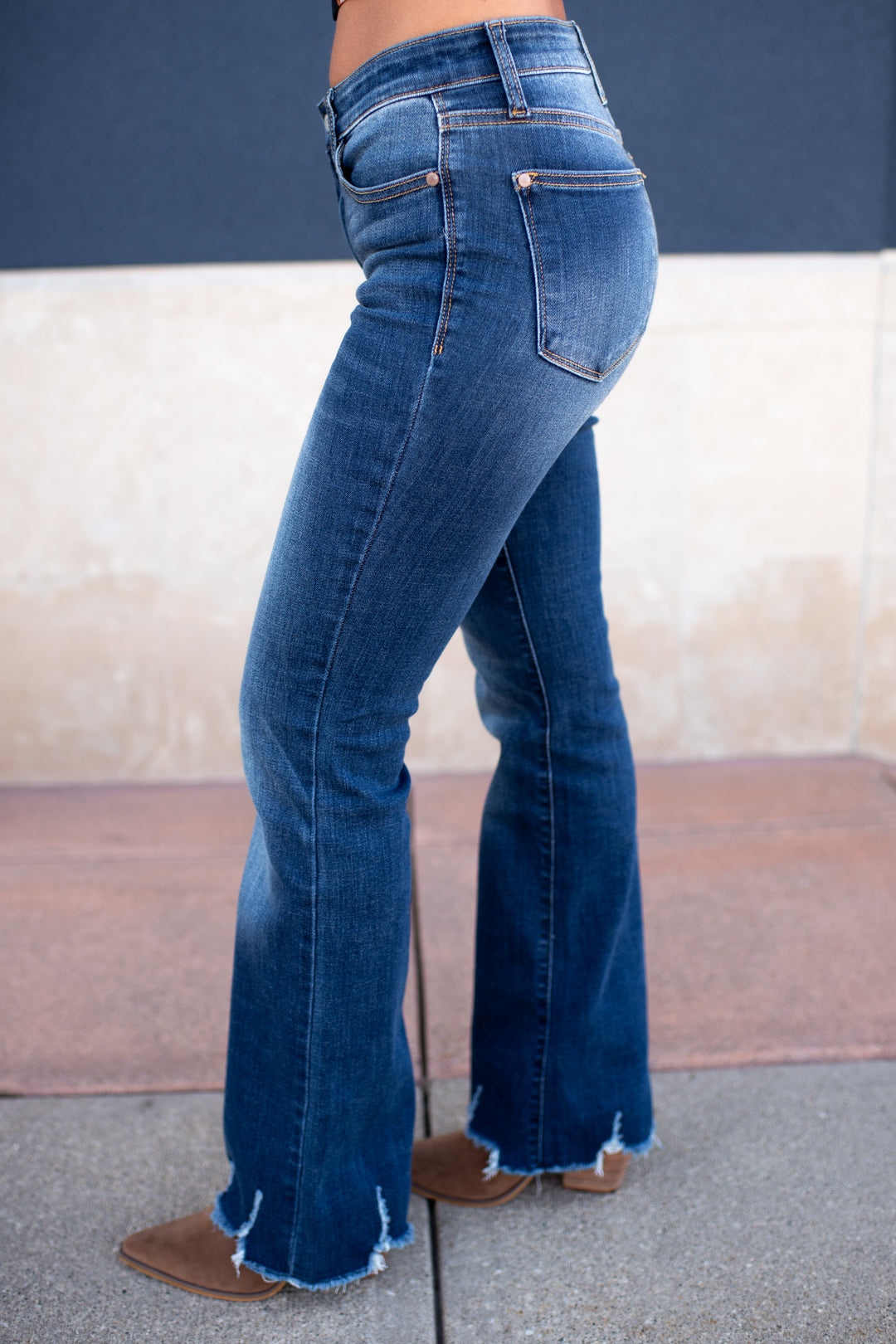 Judy Blue Charity Mid Rise Distressed Hem Bootcut Jeans (Dark Wash)