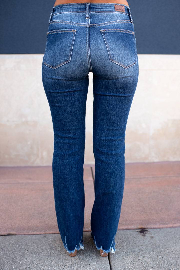 Judy Blue Charity Mid Rise Distressed Hem Bootcut Jeans (Dark Wash)